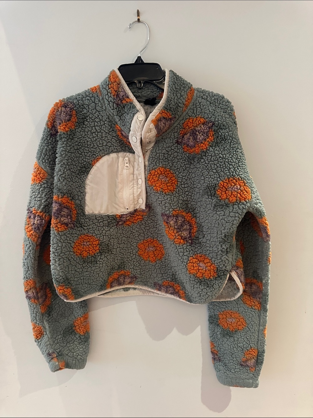 Cozy Green Sherpa Pullover Sweater with Orange florals